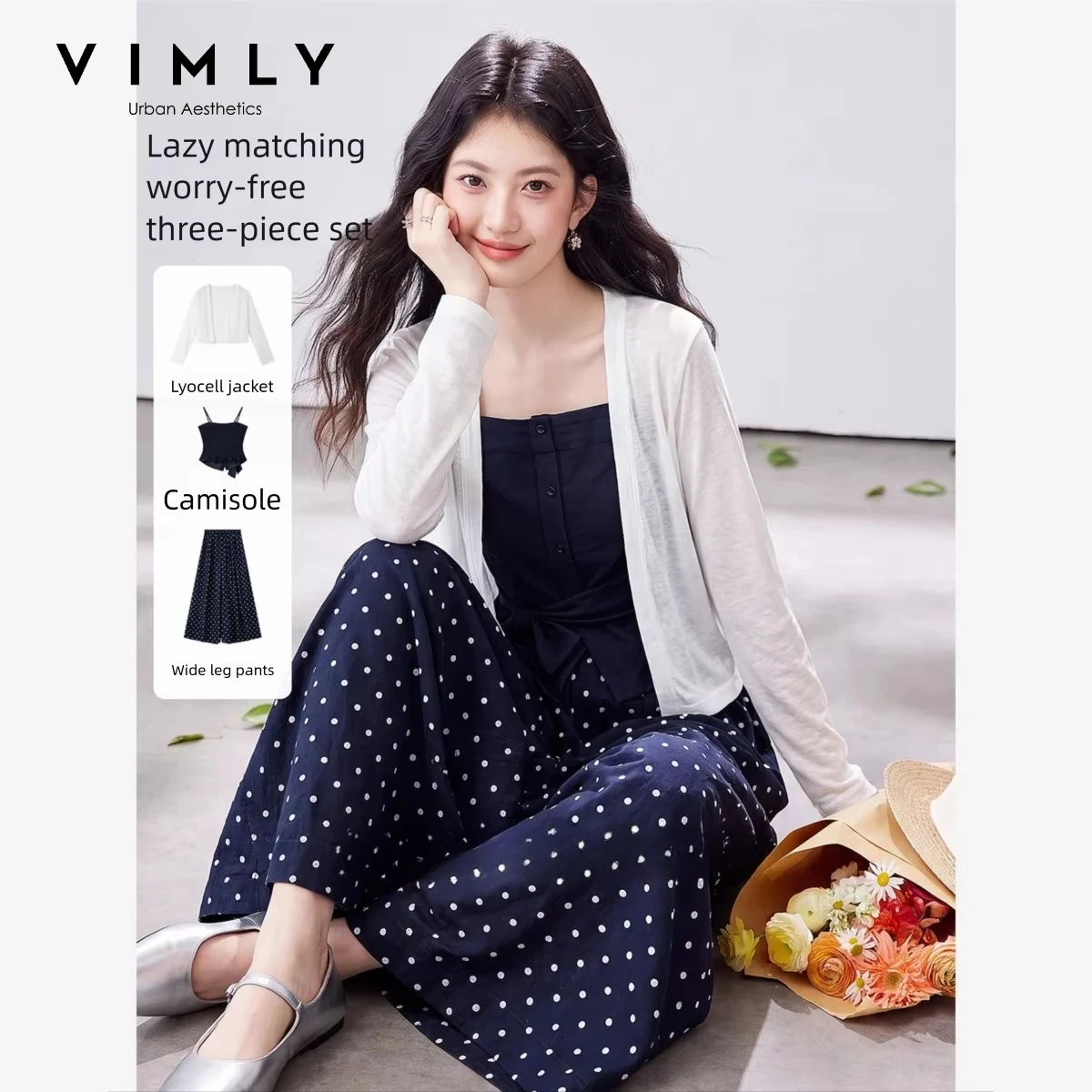 VIMLY French Polka Dot Commuter Set for Women 2026 Autumn Long Sleeve Cardigan Camisole Wide-leg Pants Three-piece Set 31798