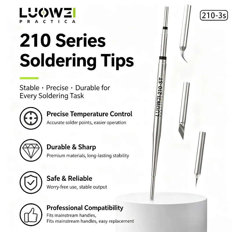 LUOWEI 210-3S 3PCS Soldering Iron Tips Fast Heating Lead-Free Conical Chisel Bent Tip Set for Phone PCB Motherboard Repair