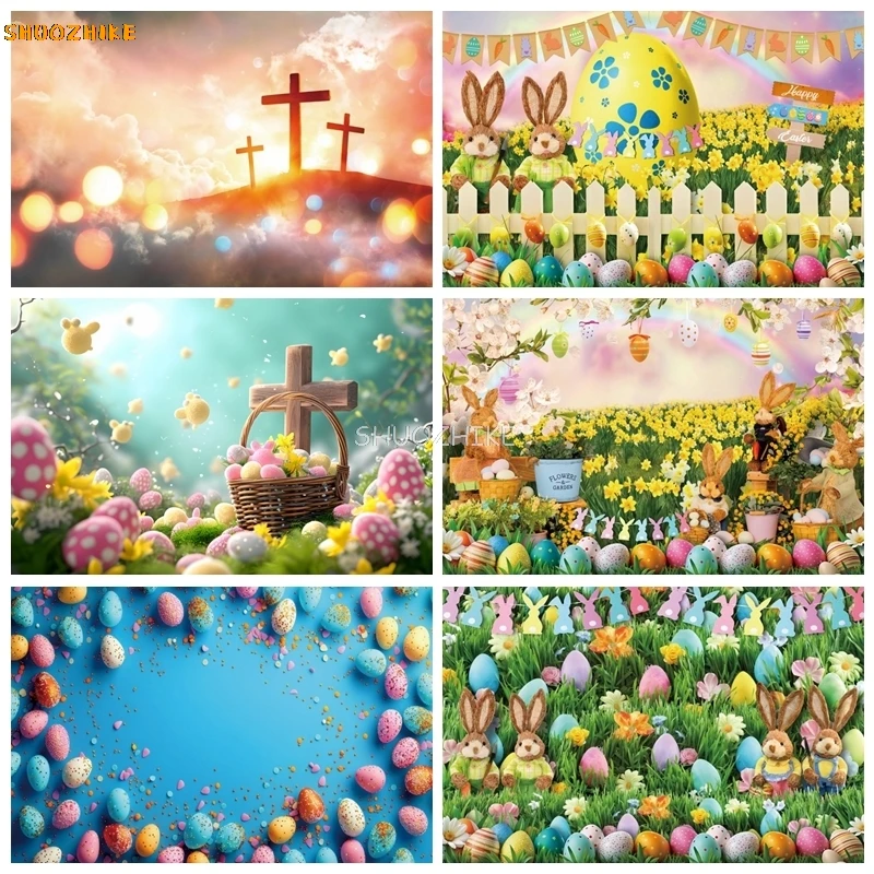 

Happy Easter Backdrop Spring Garden Cartoon Rabbits Eggs Flowers Green Grass Bunny Easter Baby Portrait Photography Background