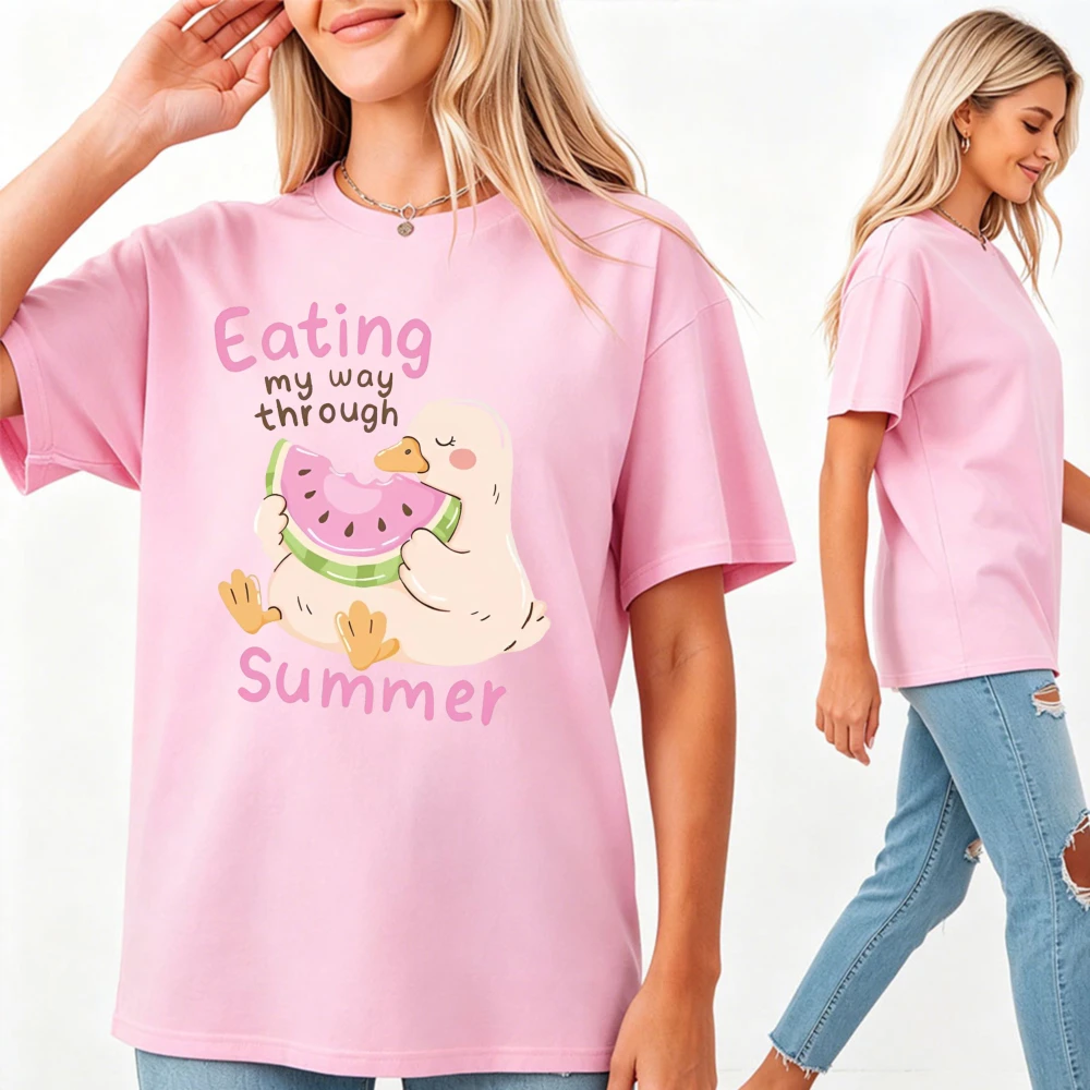 Funny Silly Goose Eating Watermelon T Shirt Women Summer Cute Cartoon Animal Tee Fruit Lover Graphic Top Ladies Casual Clothes