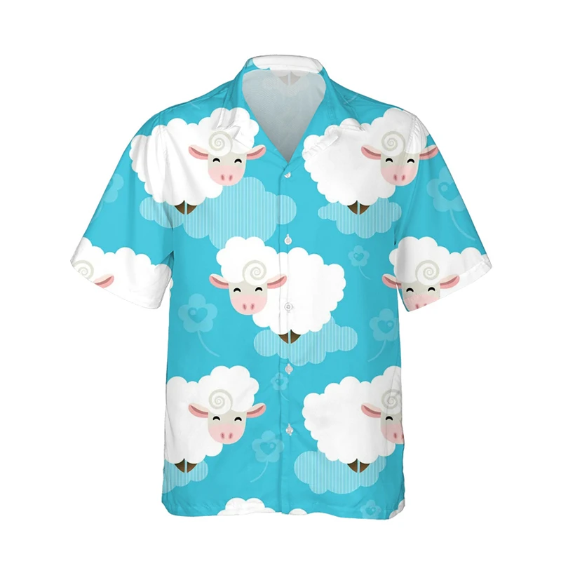 

Men's Hawaiian Shirt Funny Sheep Print Hawaii Beach Short Sleeve Summer Casual Button Up Creative Tops 3D Shirts Men Tee Clothes