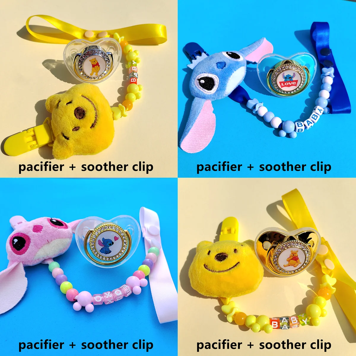 2022 New Beautiful Pink Plush Stitch Pacifier clip with name Silicone Pacifiers for Infant Boy Babies Luxury Baby Shower Gift