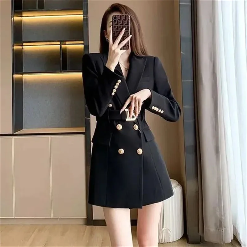 

Spring Autumn Blazer Vintage Women 2023 New Fashion Western Coat Jacket Waistband Pocket Outerwear Loose Houndstooth Suit Female