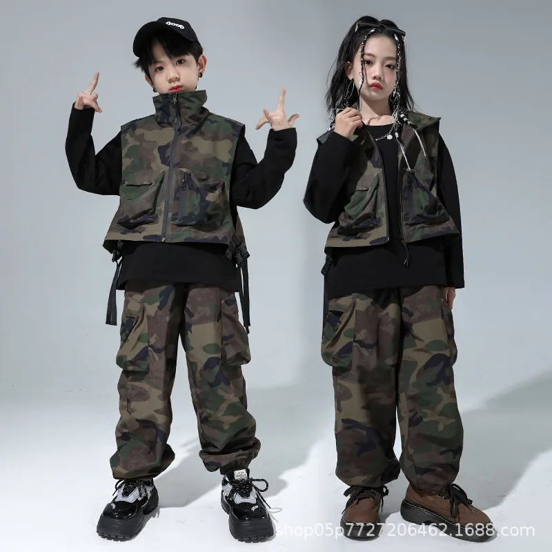 Street dance children's trendy clothing, boys hip-hop performance clothing, girls loose and handsome, trendy and cool camouflage