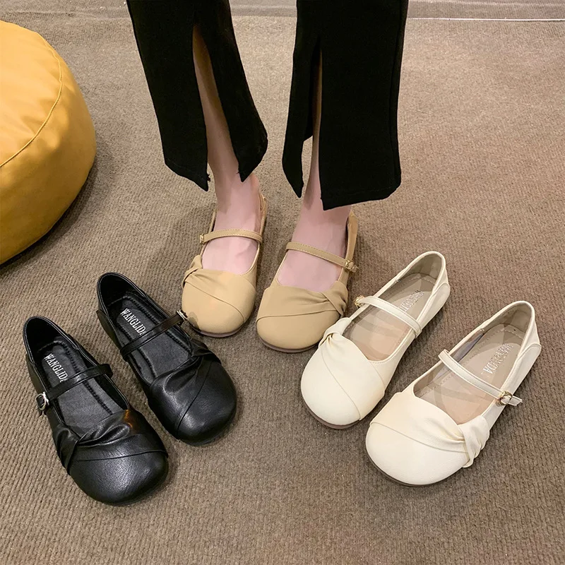 Chaussures simples rétro pour jeunes femmes, semelle souple blanche, chaussures plates à grosse tête, bouche peu profonde, mode féminine, printemps, été, nouveau, 2024