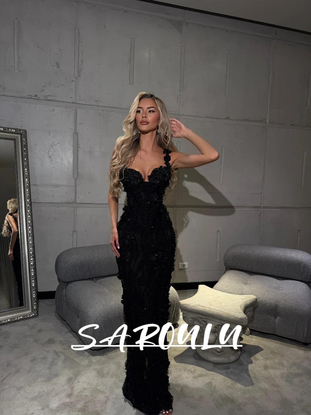 

Exquisite Black Beadwork Ruffled Customized Evening Dress Sexy Sweetheart Neckline Delicate Bodycon Fit Women Prom Wear