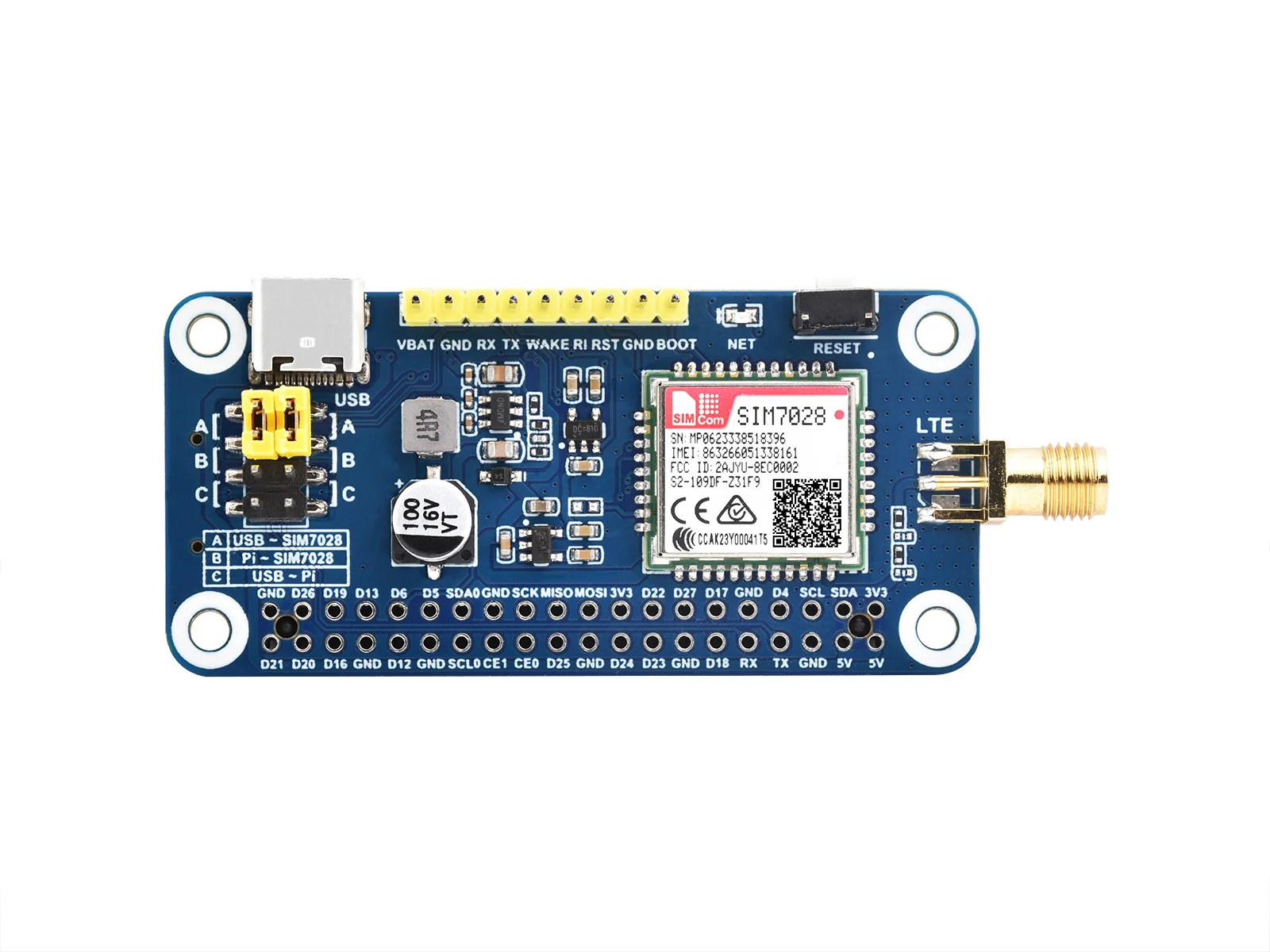 SIM7028 NB-IoT HAT for Raspberry Pi, Global Bands, Ultra-Low Power, IoT Remote Monitoring, MQTT/HTTP/TLS Support