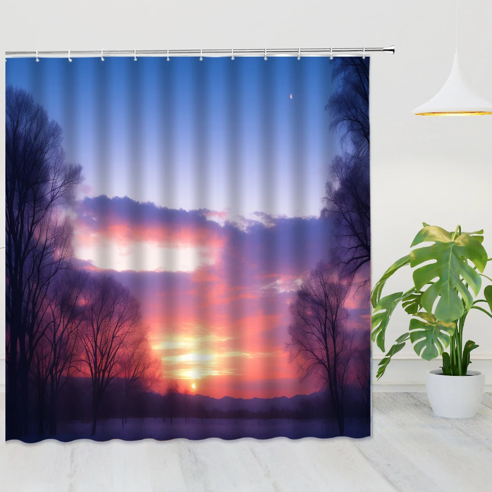 

Sunset Dusk Ocean Shower Curtain Beach Majestic Sunlight Over Sea Scenic View Print with Hooks Fabric Bath Screen Bathroom Decor