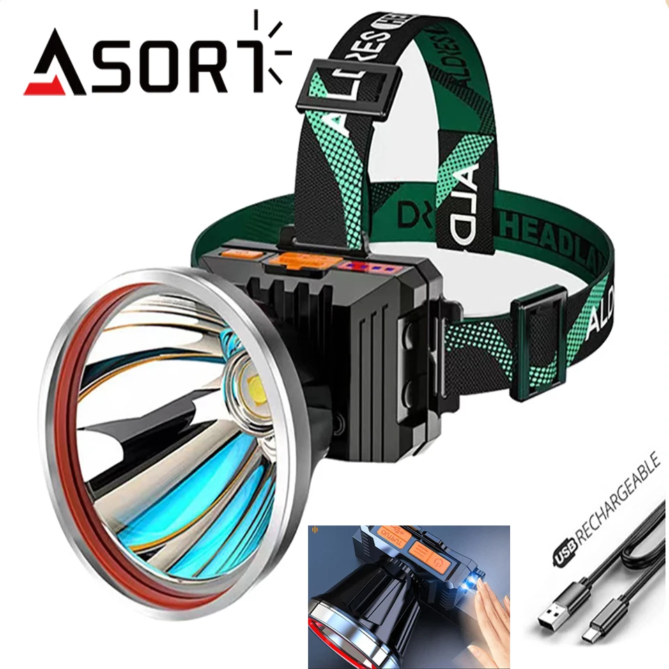 Rechargeable Headlamp with Sensor, Ultra Bright Long Range Head Mounted Headlight for Night Fishing and Outdoor Activities