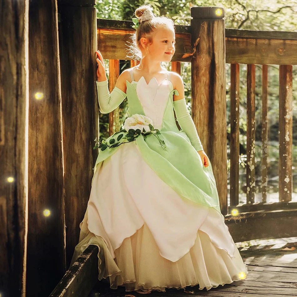 Tiana Fairy Princess Dress Girls Cosplay Floral Fluffy Birthday Frocks Children Stage Performance Halloween Party Fantasy Gown