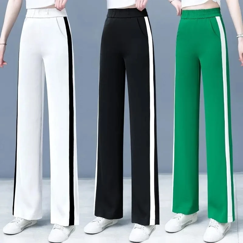 Extra-Large Size 150KG Summer Wide-leg Pants Women With High Waist Drooping Feeling Thin Side Striped Loose Casual Sweatpants