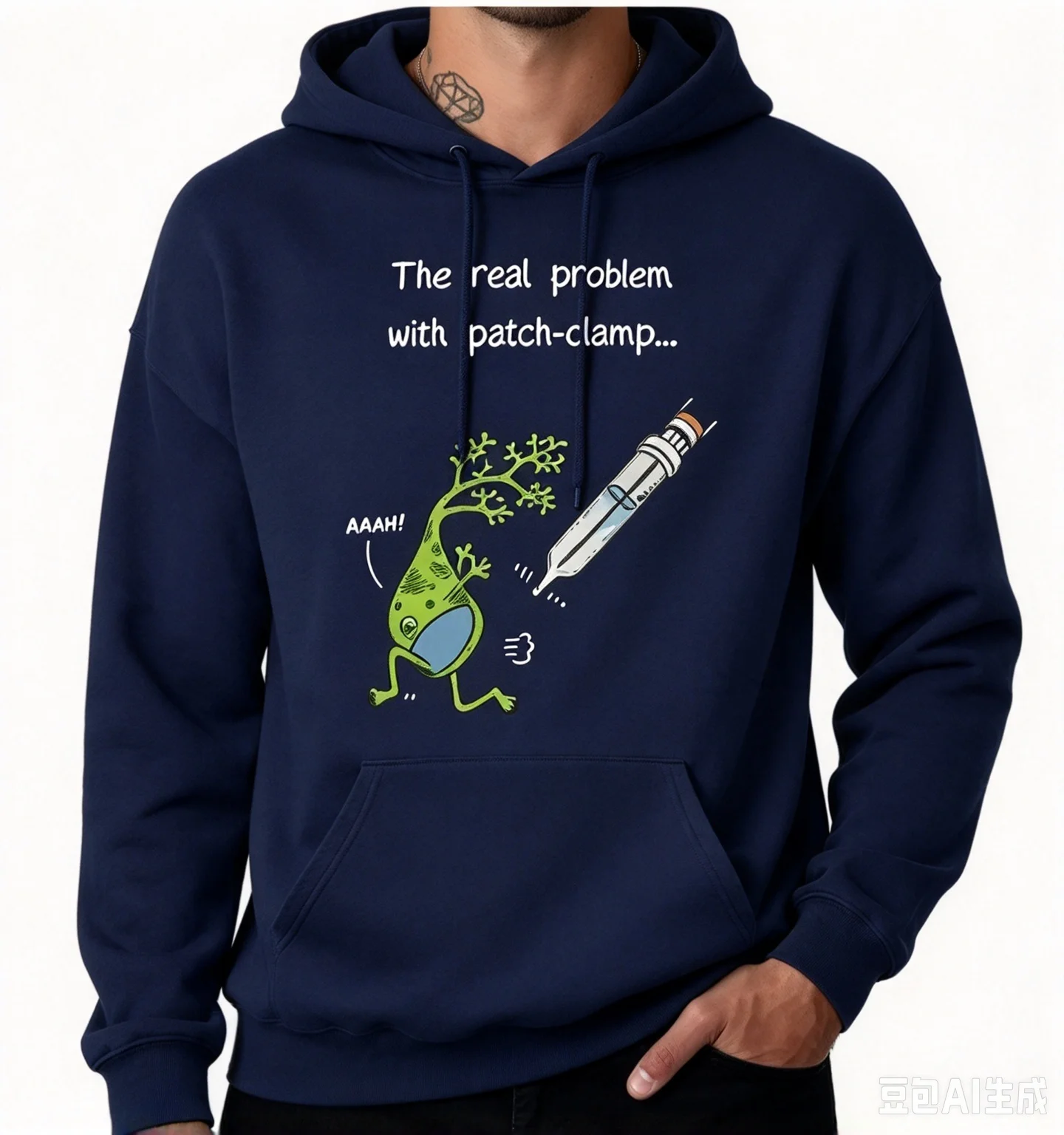 The Real Problem With Patch Clamp Neuron Cartoon Graphic Hoodie, Funny Neuroscience Scientist Unisex No Drawstring Pullover Hood