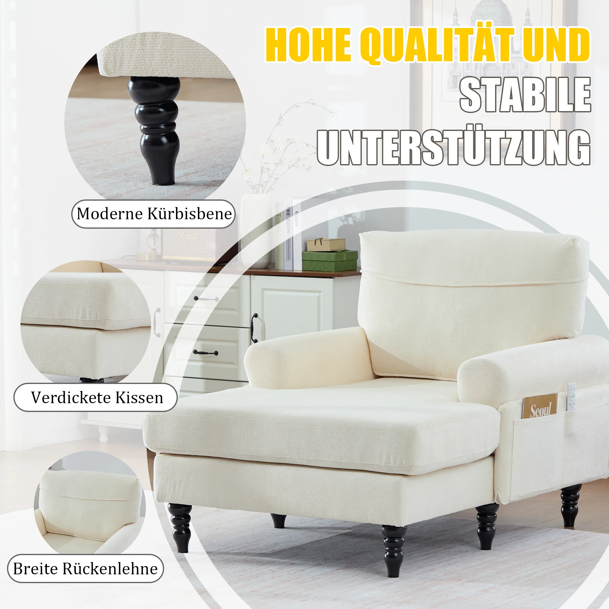 Moderner minimalistischer Samt-Loungesessel, Schlafzimmer-Einzelsofa mit Holzbeinen, bequemer Rückenlehne und Armlehnen – Detail 4