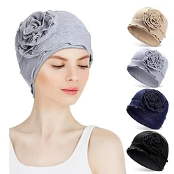 New Women's Elegant Solid Color Ruffle Flower Turban Hat Stretchy Comfortable Headwear Chemo Hat Casual Beanie Cap Head Wrap