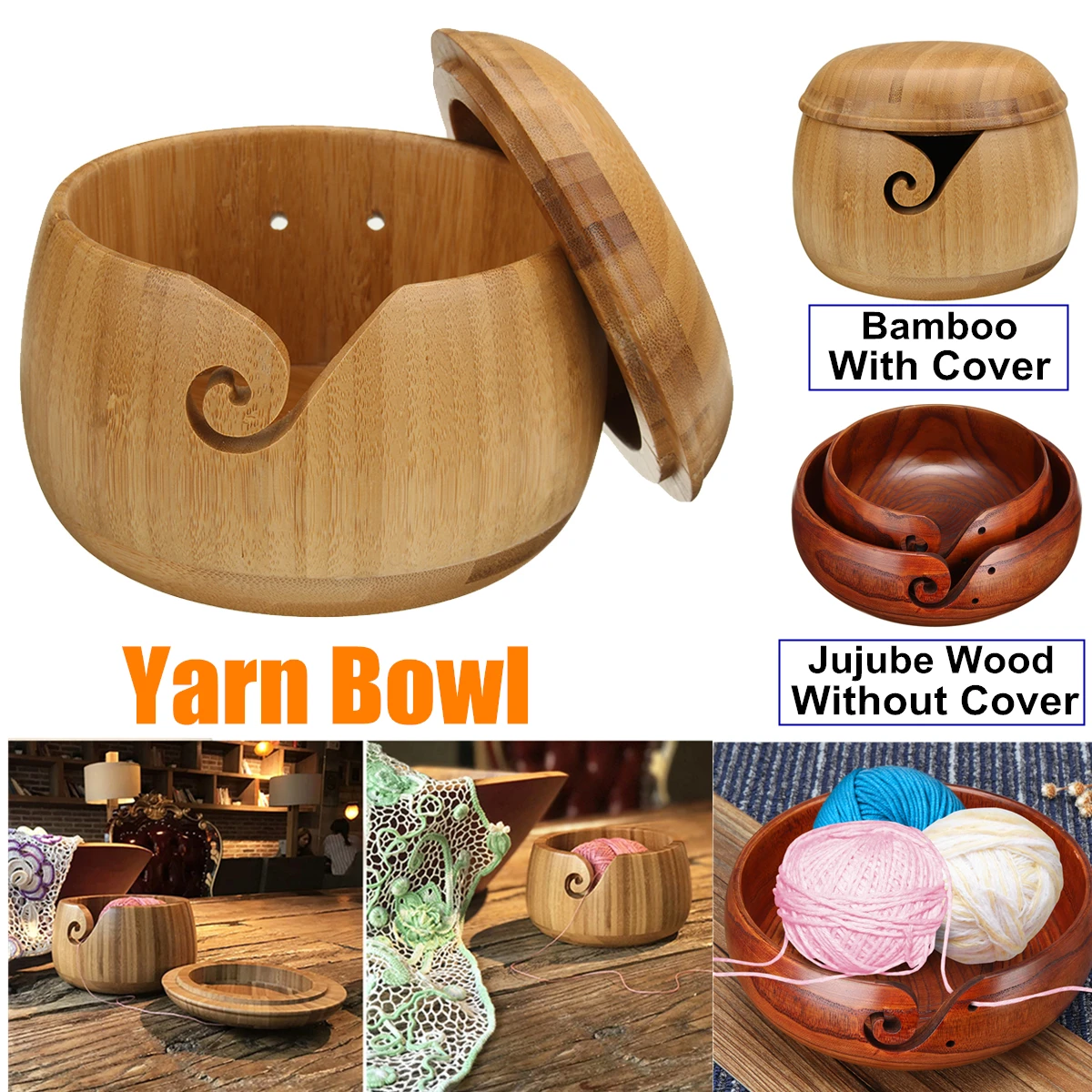 

Wooden Bamboo Yarn Bowl Holder With Lid Knitting Tool Crochet Wool Storage