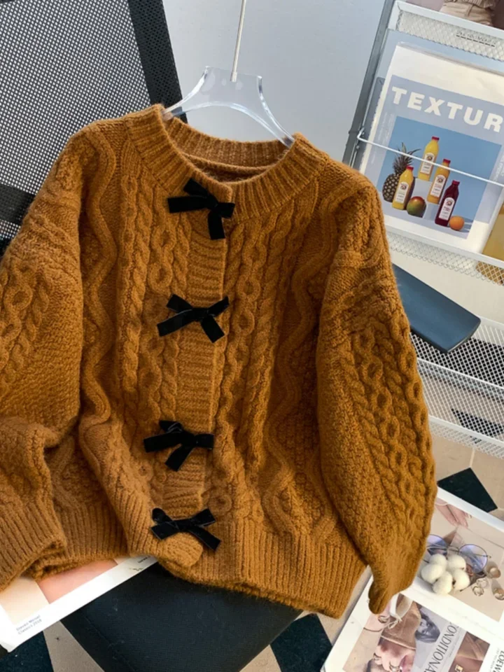 Słodki sweter z kokardą damski wiosenno-jesienny w stylu retro japońskim, miękki top w stylu lazy, z okrągłym dekoltem, z długim rękawem, luźny kardigan z dzianiny.