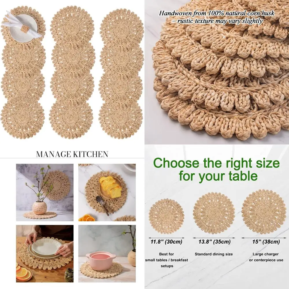 

Round Corn Husk Placemats Set of 12 | Rattan Woven Table Mats | Farmhouse Wicker Spring Plate Chargers | Eco-friendly Natural Ta