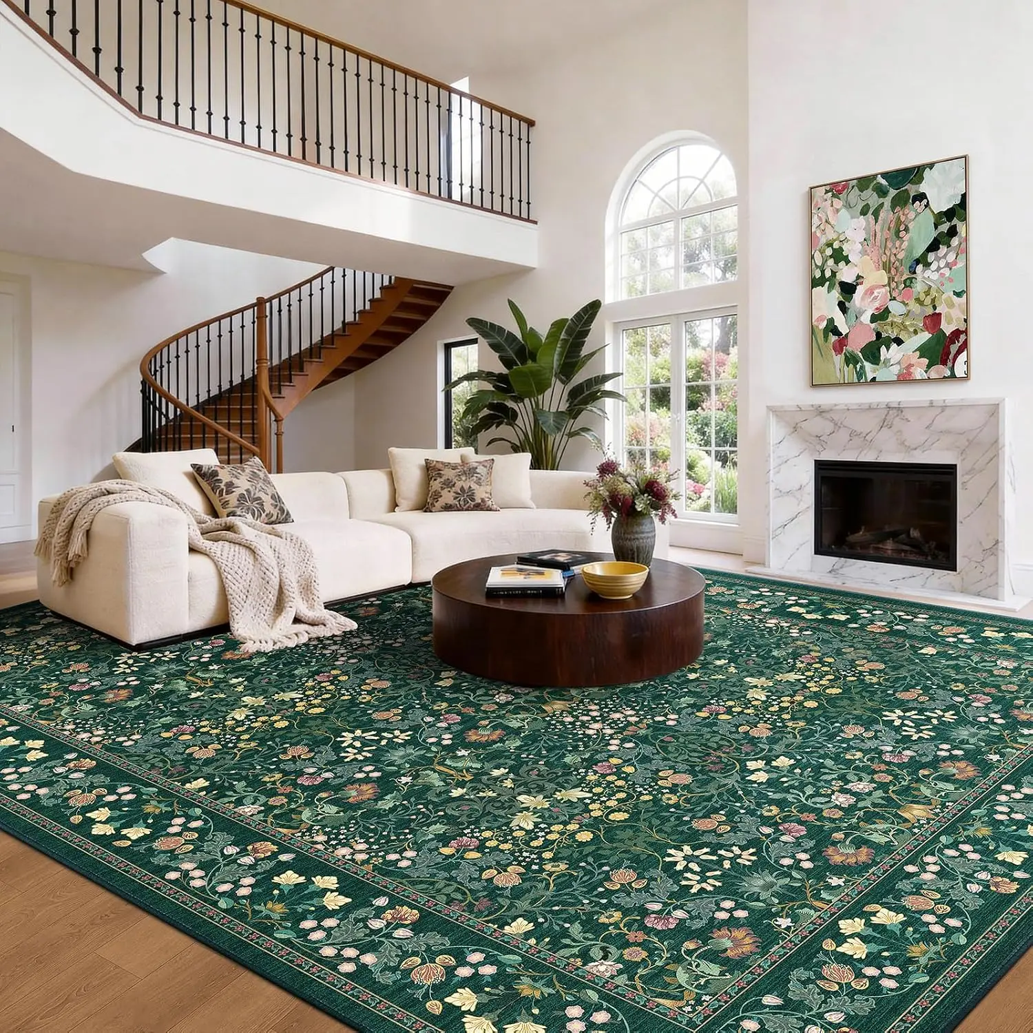 Large Floral Area Rug Durable Edge Binding Comfortable Non Slip Washable Stain Resistant for Living Room Bedroom Dining Room