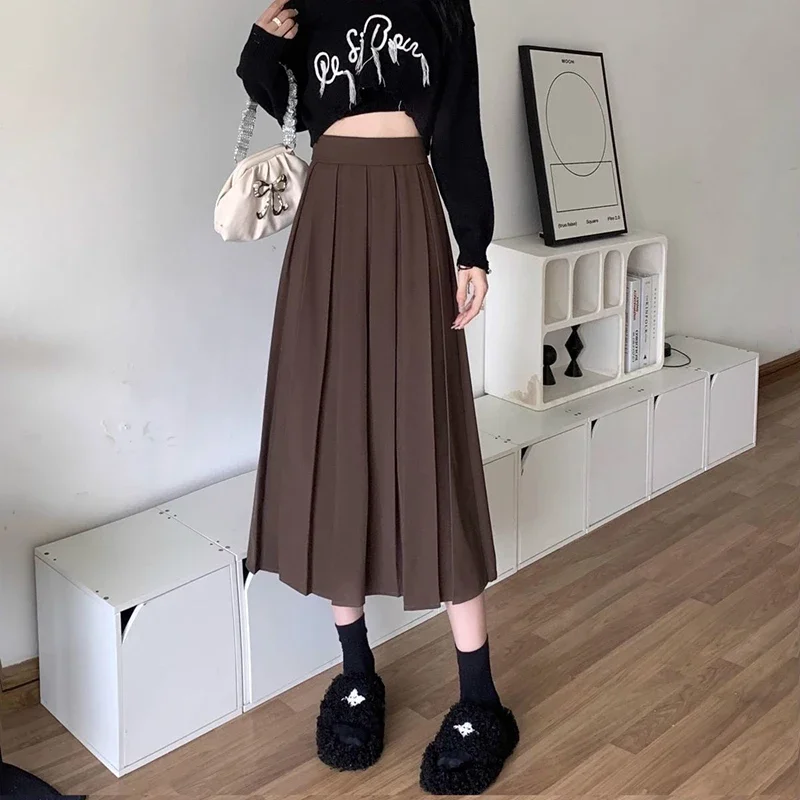 Medium and Long Skirt Women Korean Casual Fashion Elegant High Waist Slim Solid A Line Pleated Skirt Female Fall New Skirt