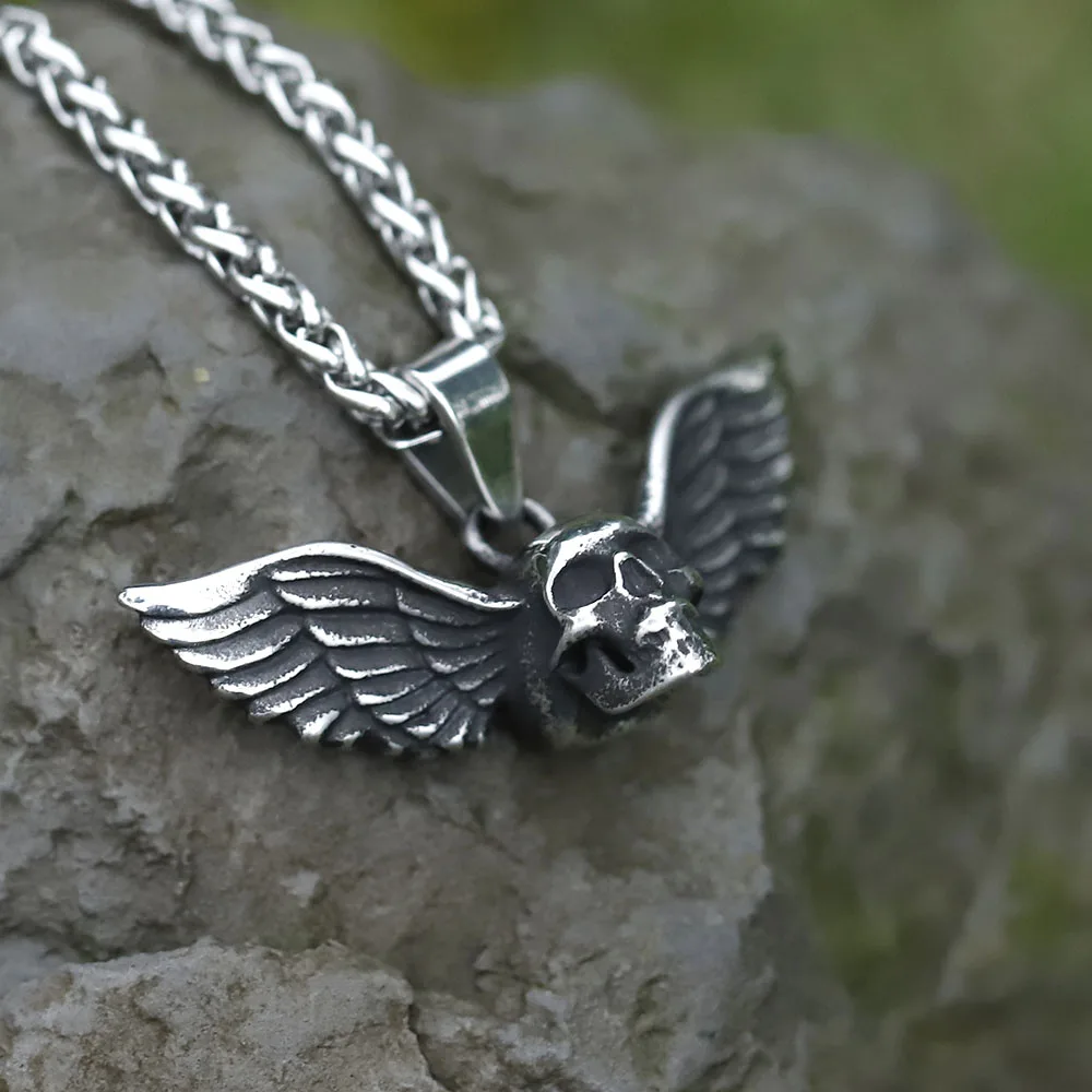 NEW Men\'s 316L stainless-steel Vintage Angel wing skull Rock Pendant Necklace for teens punk Jewelry free shipping