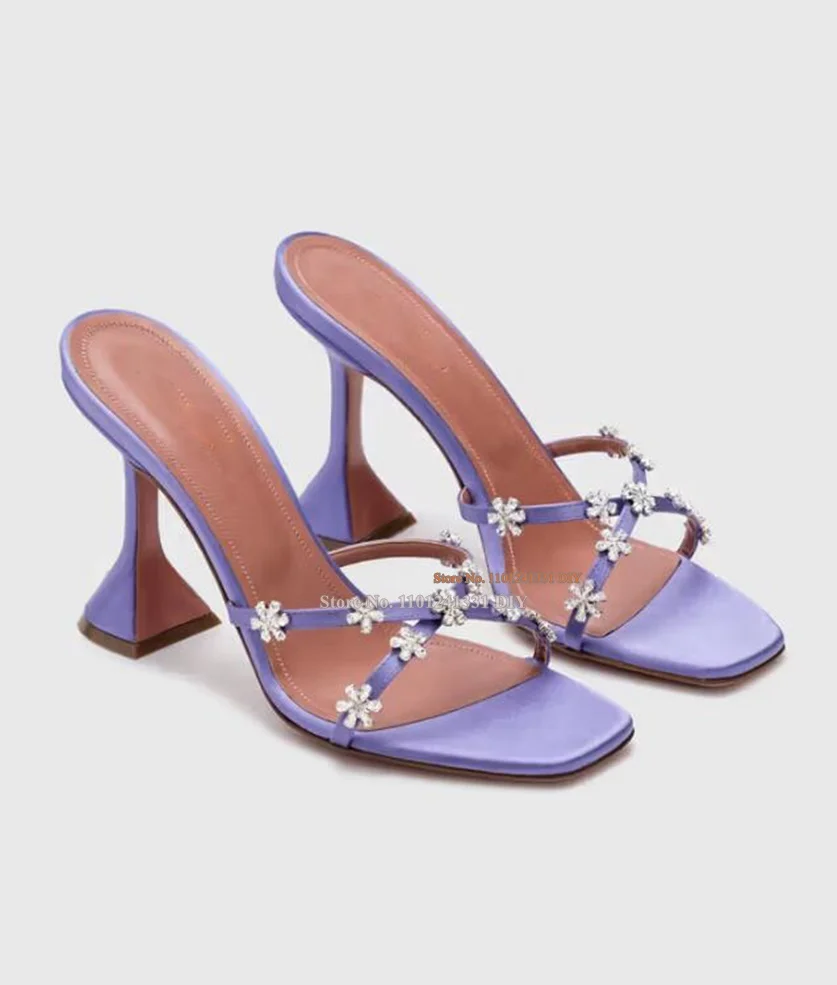 Purple Flower Crystal Cross Tie Mules Slip On High Heel Slippers Heeledsandals Glitter Womenchunky Heeled Summer Party Shoes