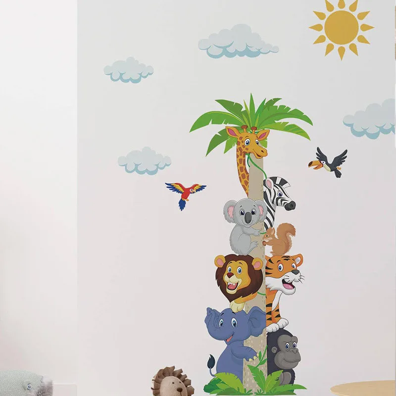 `Cartoon Jungle Animal Height Chart Wall Sticker Giraffe Lion Elephant Zebra Vinyl Decal Kids Nursery Baby Room Growth Measure M