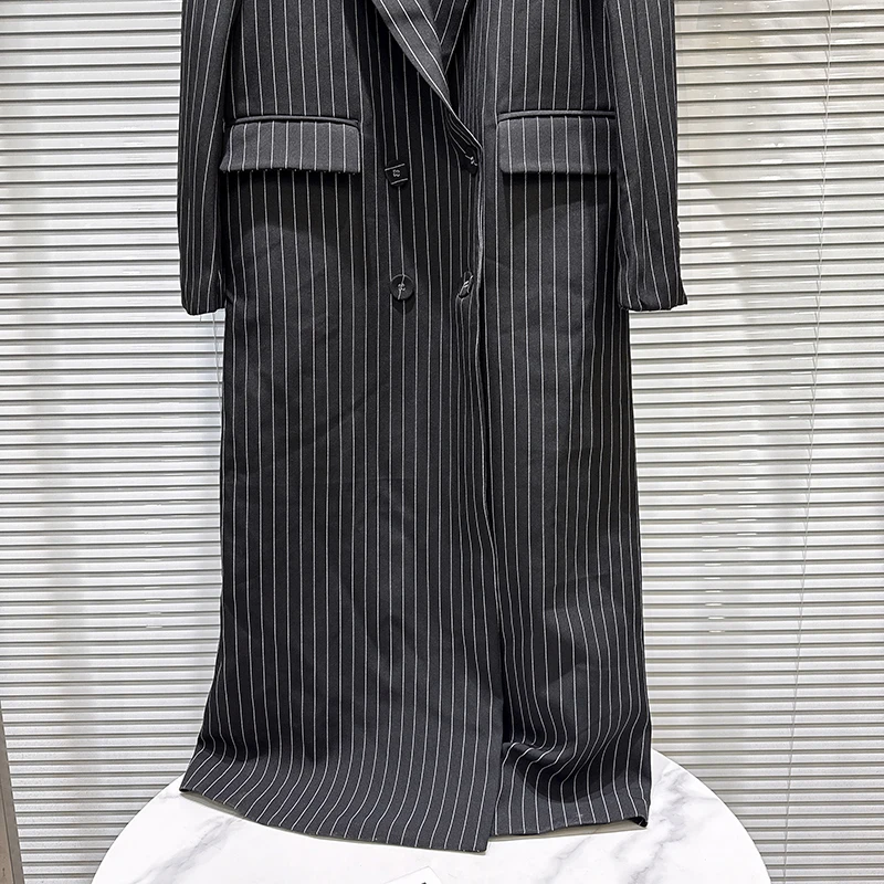 KBQ Casual Slimming Stripe Jackets For Women Lapel Long Sleeve Spliced Pockets Autumn Temperament Jacket Female Fashion Style