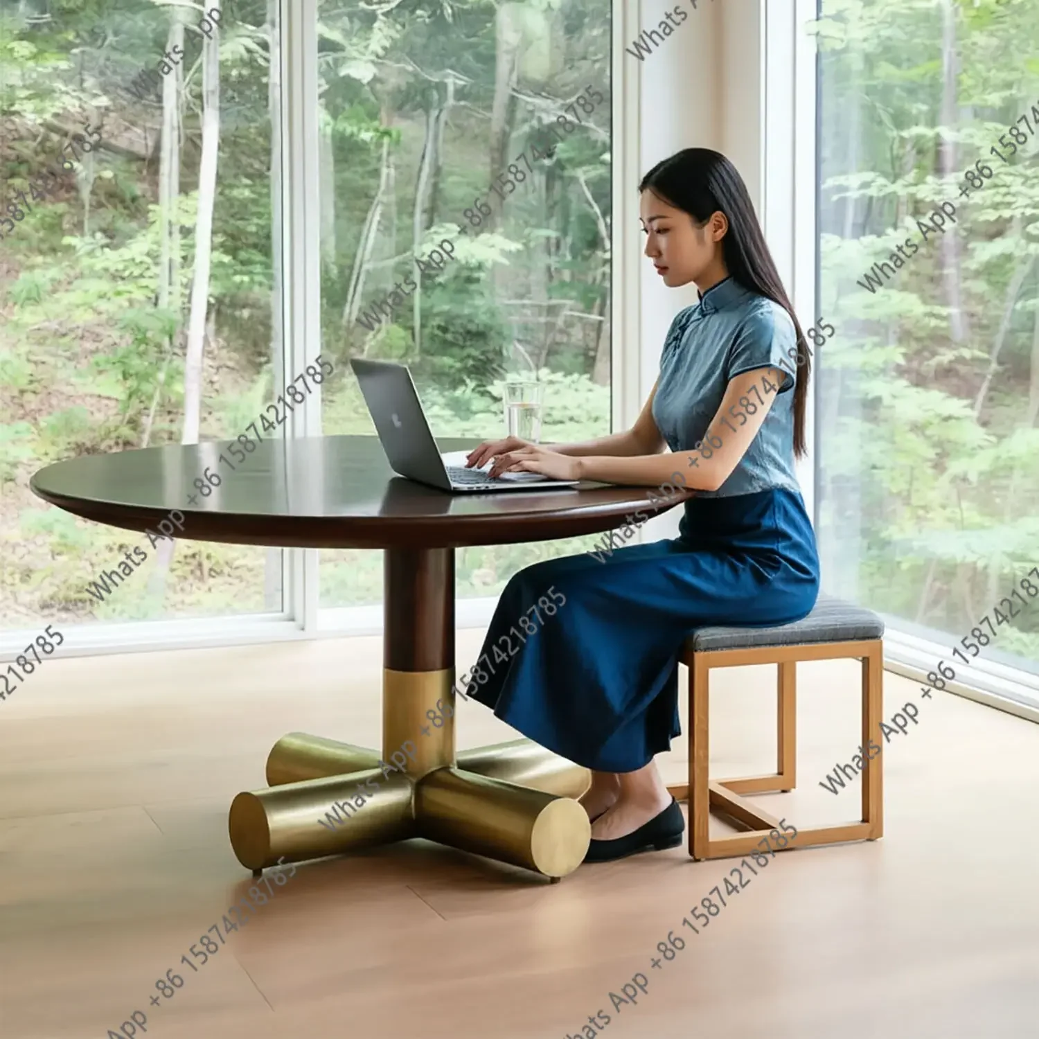 G Light Luxury Solid Wood Copper Foot Round Reception Table, Modern Simple Metal Leg Round Dining Table