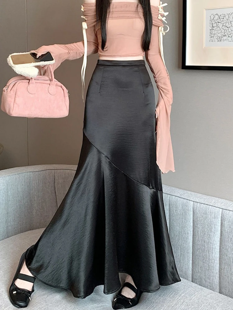 

High Waist Fishtail Skirt 2025 Spring/Summer Versatile Satin Elegant Long Skirt Korean Style Grey Elastic Waist Black Midi Skirt