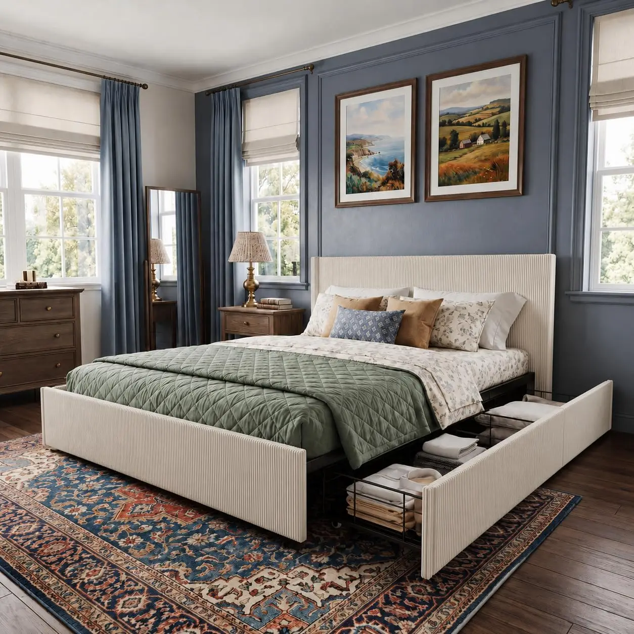 King Bed Frame with 4 Storage Drawers, Corduroy Tufted Wingback Headboard, Wooden Slats, Noise Free, Beige, Customized