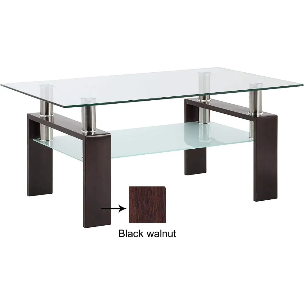 Rectangle Tempered Glass Coffee Table with Metal Legs for Living Room, Modern Walnut Finish Accent Table