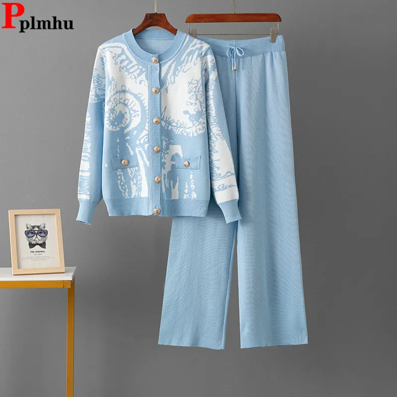 

Korean Design Knitted 2 Piece Sets Women O-neck Single Breasted Sweater Cardigan Tops Conjuntos High Waist Straight Pants Outfit