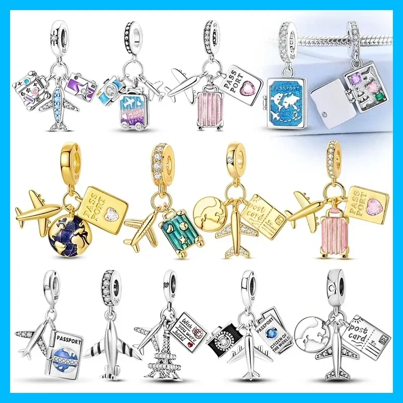 Passport Globe Postcard Tower Original Charms Silver Plated Beads Fit Bracelets Bag Keychain Charms Diy Women Gift Accessory