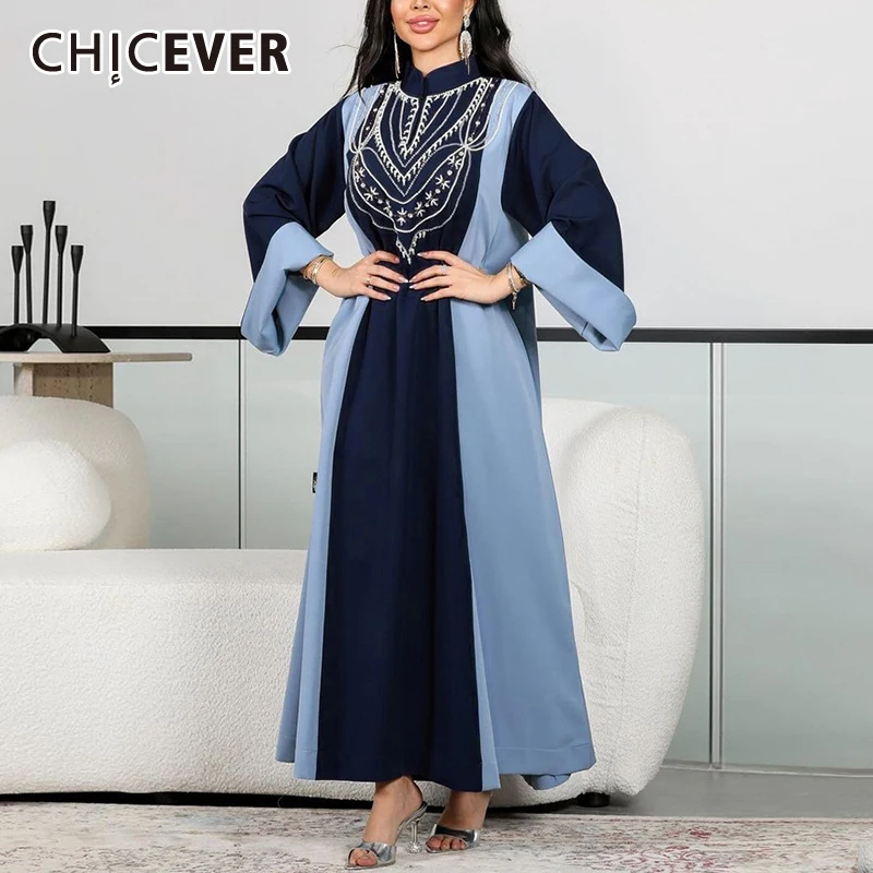 CHICEVER Hit Color Robe Female Half High Collar Flare Sleeve Loose Waist Patchwork Diamonds Designer Casual Dresses Female Style