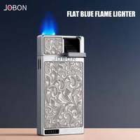 JOBON Flat Blue Flame lighter Double-sided Relief Craft Pull-down Effortless Ignition Visible Gas Window Design Alloy Body