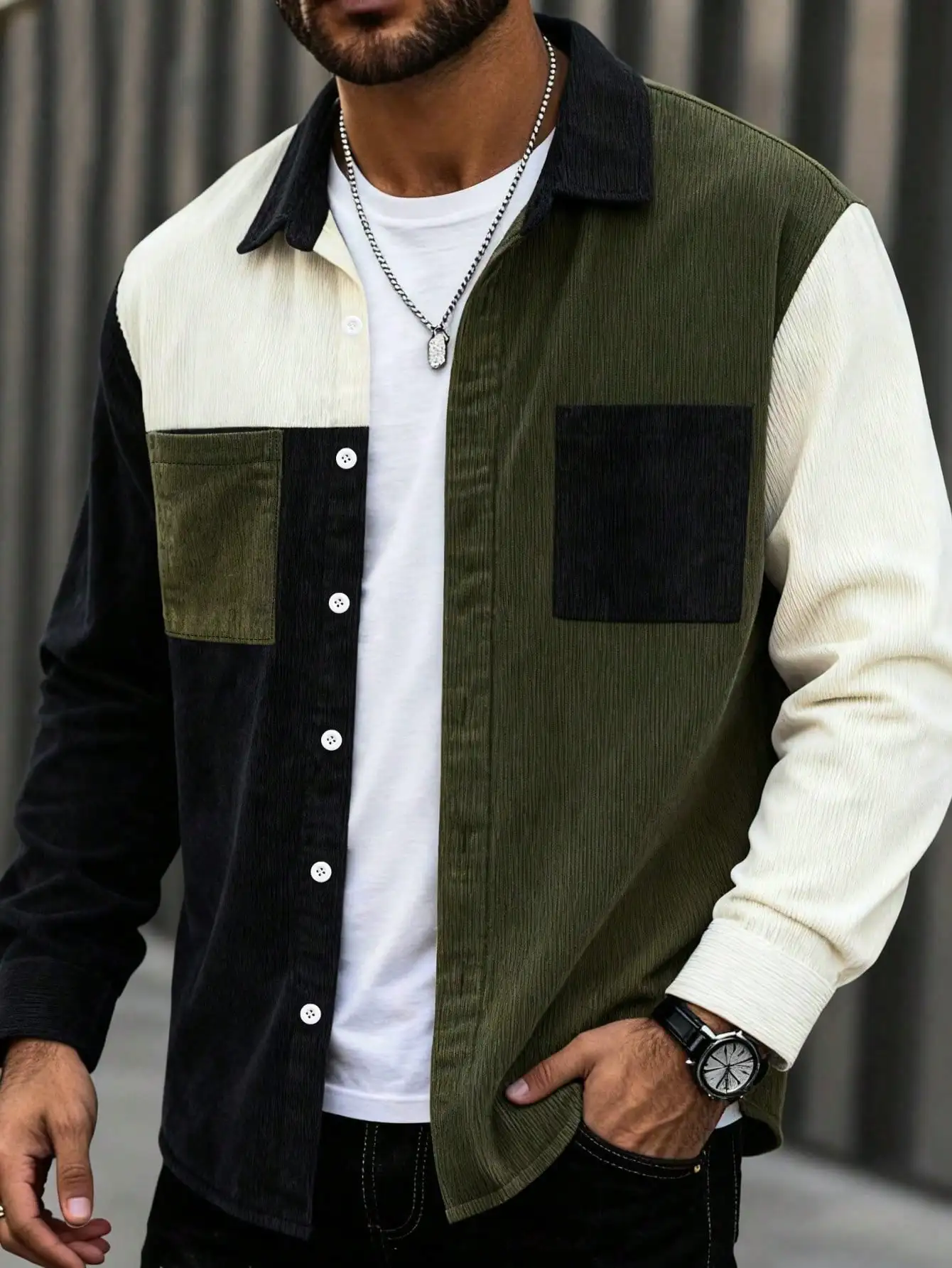 

Men's Corduroy Colorblock Patchwork Button-Up Casual Shirt