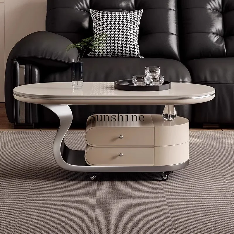 

Light luxury rock slab, a few small apartments next to the sofa, high-end living room, household with wheels, removable trolley