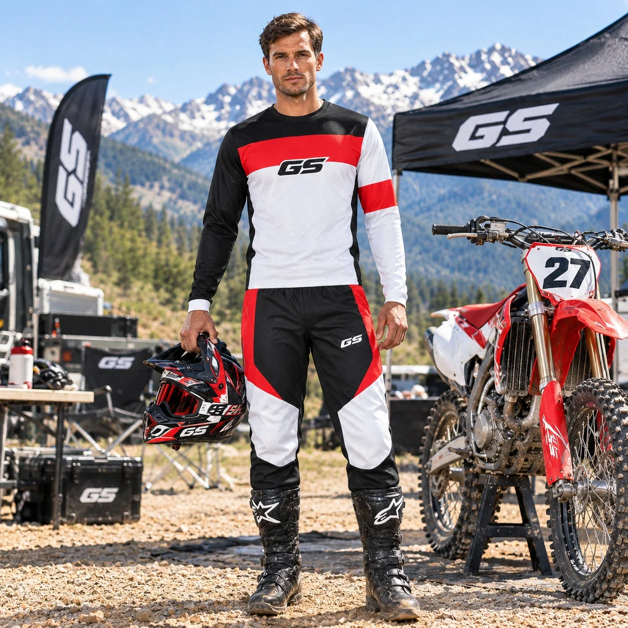 GS Mens Motorcycle Racing Tracksuit Set Red Black White Long Sleeve Sports Shirt and Pants Motocross Outfit