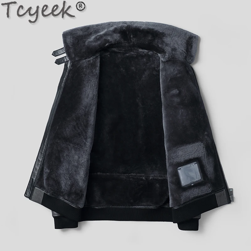 Tcyeek Winter Genuine Leather Jacket Men Clothes Casual Mens Real Fur Coats Streetwear Fashion Black Natural Sheepskin Wool Coat