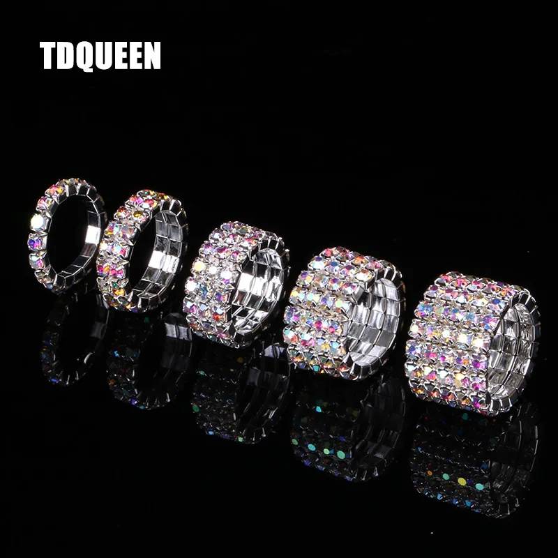 1-5 Rows Crystal Rhinestone Rings Silver Plated Bridal Wedding Iridescent AB Crystal Stone Elastic Stretch Rings for Women