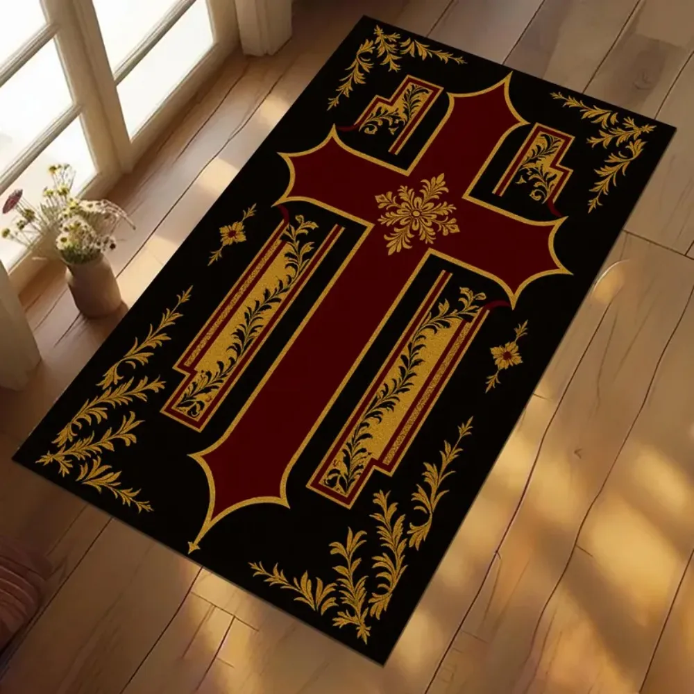 Church Cross Carpet Mat Rug - Gold Pattern Purple Black Floor Decor for Sacred Space Home Decoration Living Room Decoration