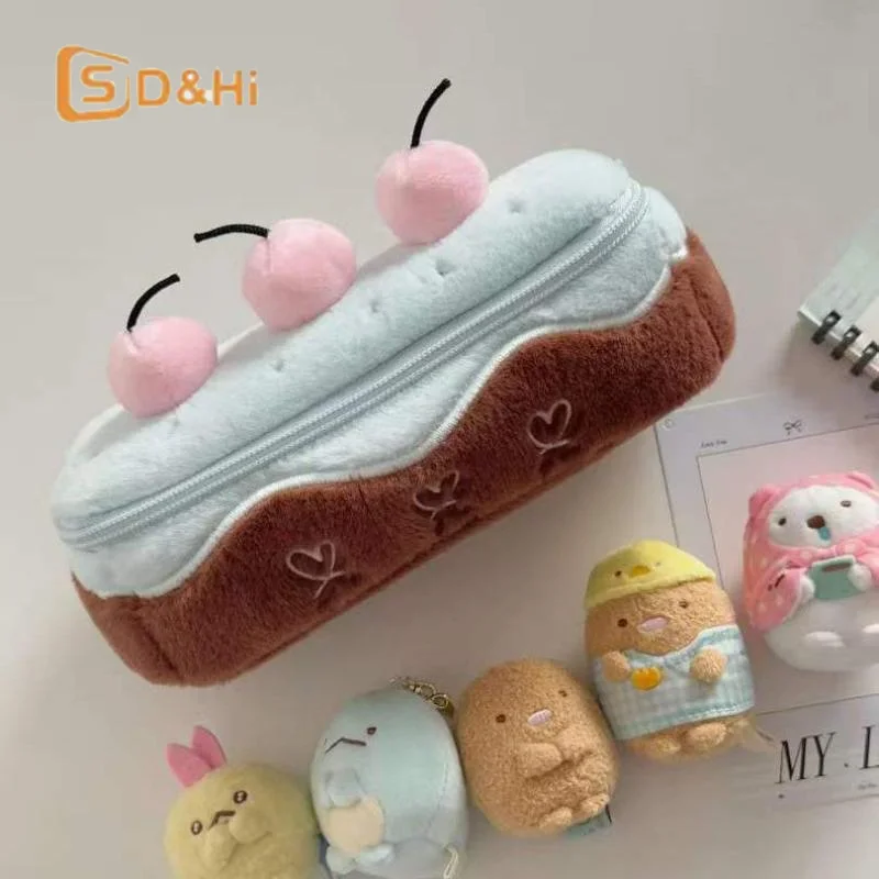 Kawaii Cherry Cake Fuzzy Plush Pencil Case Large Capacity Cute School Supplies Stationery Organizer Pouch Holder Student Gift