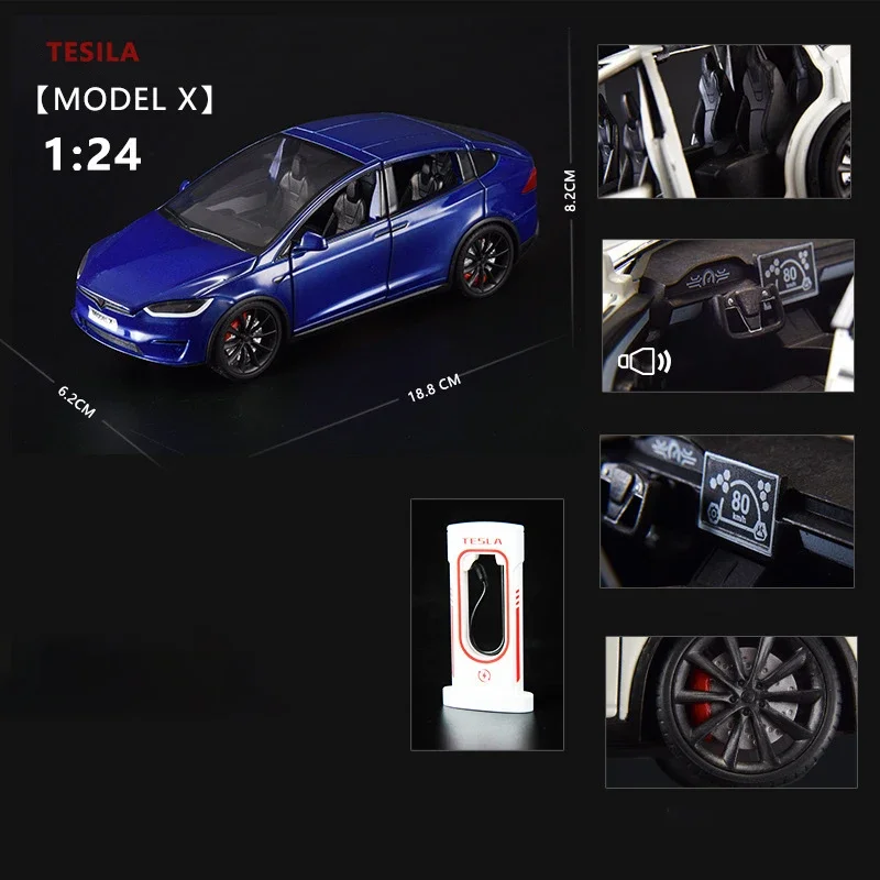 Carro de brinquedo fundido para crianças, liga Model X Tesla Model 3, luz e som, colecionáveis infantis, presente de aniversário, 1:24