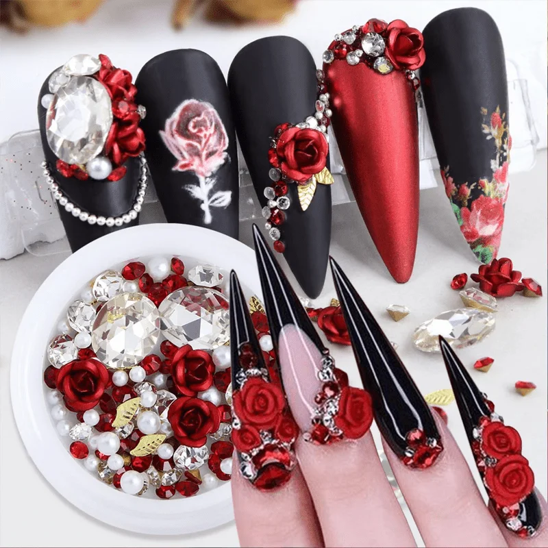 Two Containers of 3D Rose-Shaped Metal Aluminum Floral Nail Art Supplies Can Serve As Tools for Jewelry Casting, Resin Embellishments, And Nail Art for Valentine'S Day, Featuring Sparkling Pink And Red Rose Rhinestones