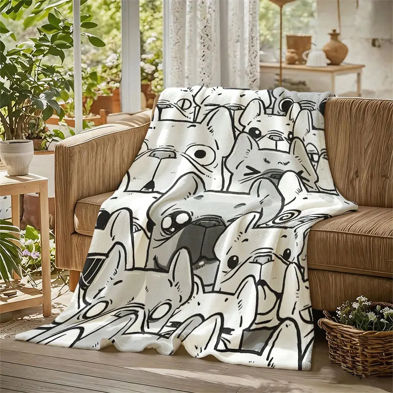 Cartoon Bulldog Pack Flannel Blanket Warm Soft Halloween Christmas Decorative Couch Warm Cozy All-Season Gift