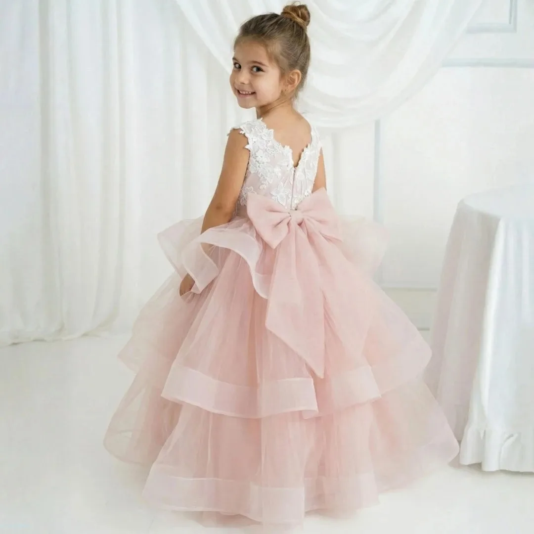 Custom Flower Girl Dress Pink Tulle Applique Bow Layered Design Suitable for Weddings, Birthday Parties, and Proms