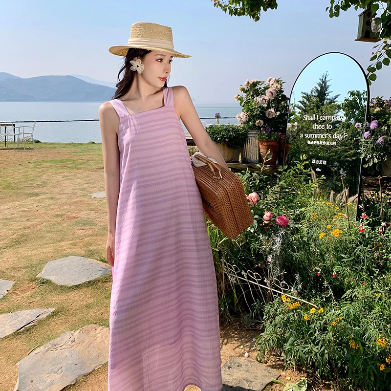 

Модное простое полосатое свободное платье-бретелька, женское летнее новое праздничное платье без рукавов с разрезом на шее, повседневное милое длинное платье