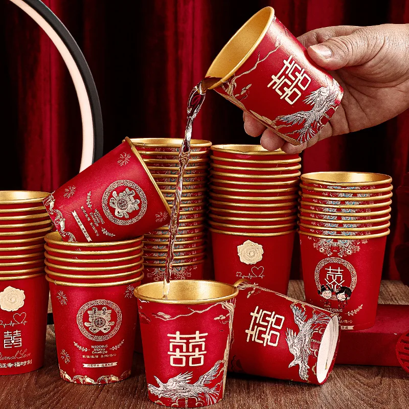 Disposable paper cup, gold foil, wedding banquet,  wedding word, water cup, red thick wedding tea cup