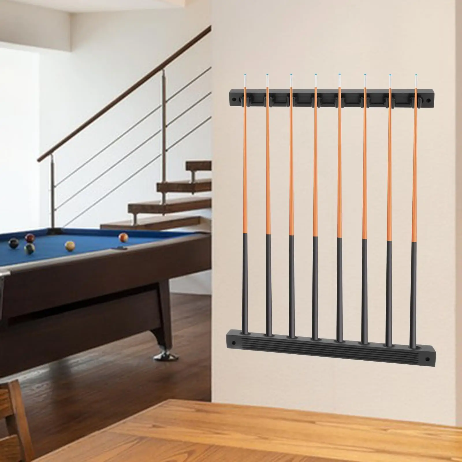 Wooden Pool Cue Holder Billiard Cue Wall Racks 8 Cue Clips Convenient Durable Convenient Assemble Exquisite Black for Game Room