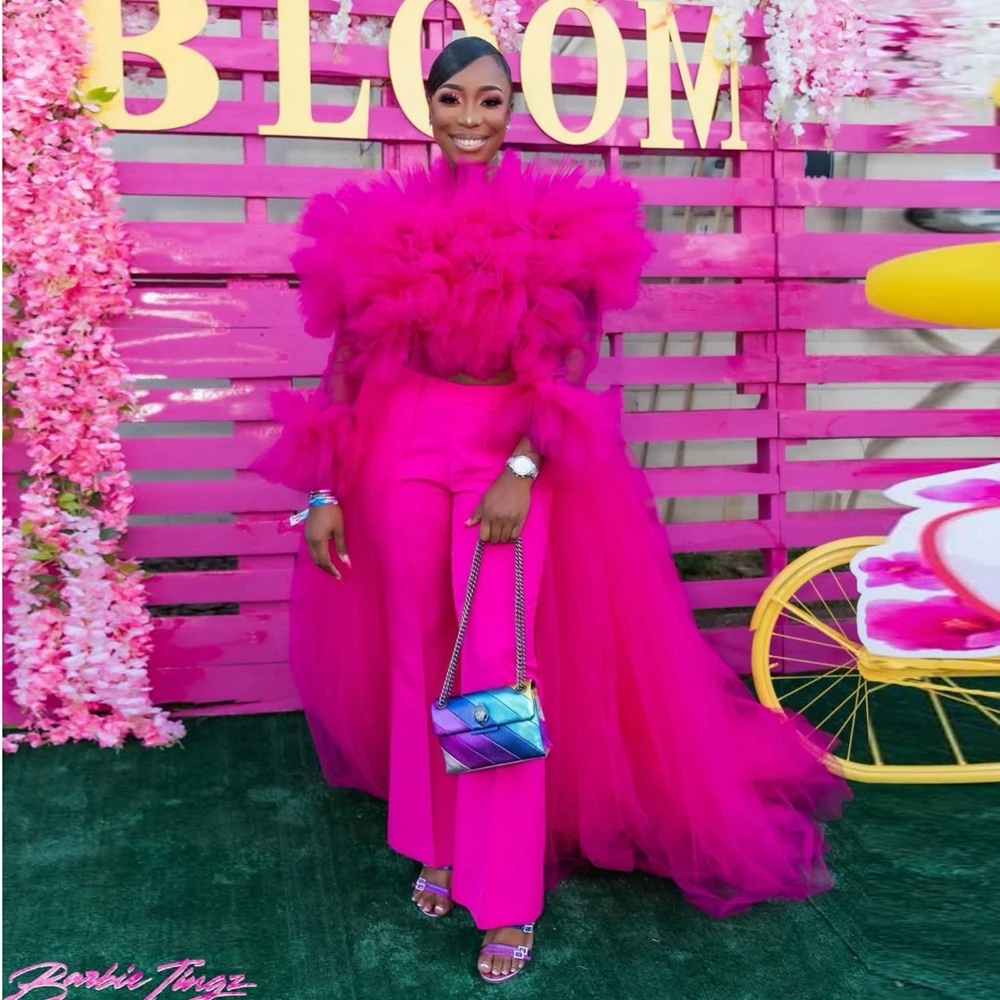 

Stylish Hot Pink Ruffles Puffy Crop Women Top with Tulle Train Fluffy Tiered Mesh Female Fashion Events Party Tops Custom Made